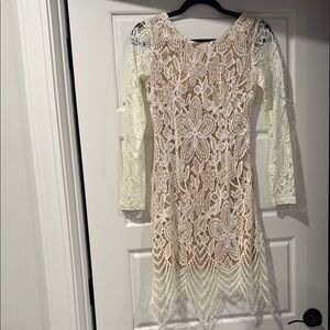 Charlotte Russe Elegant Lace Long Sleeve Dress in Cream